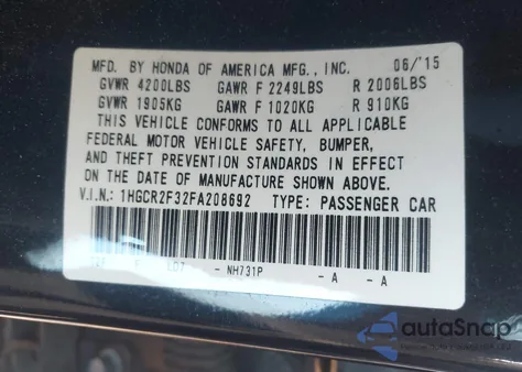 2015 Honda Accord Lx из США, поврежденный, VIN 1HGCR2F32FA208692